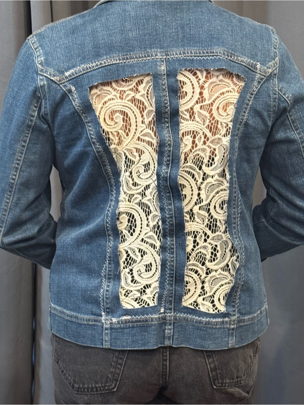 Denim Jacket with Cream Lace Back Panel